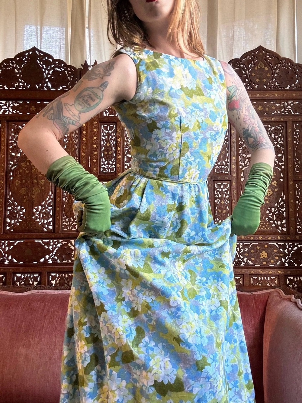 🌿 Vintage 1960s Barkcloth Floral Gown 🌿